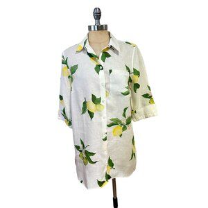 Chico's White Yellow Lemon Print Linen Button Down Shirt 1 Medium